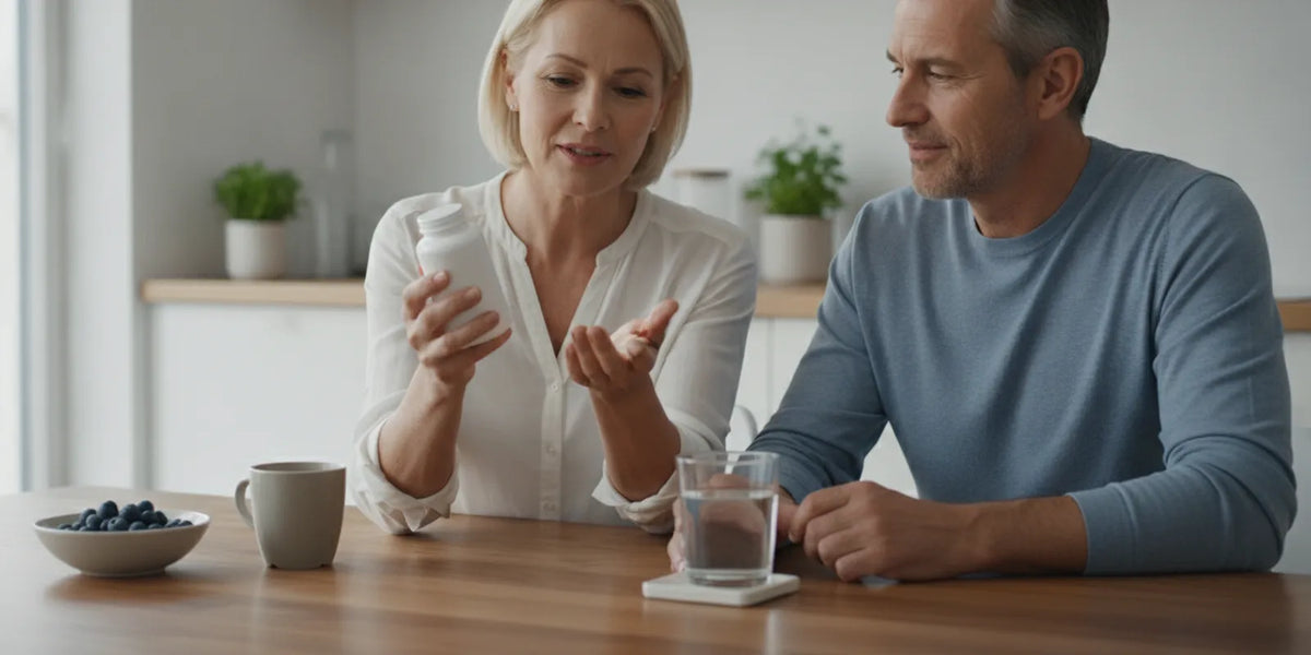 An adult reading a magnesium supplement label at a bright kitchen table